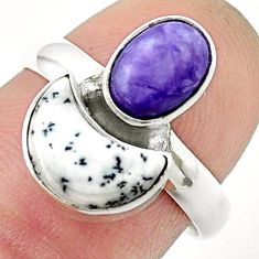 6.80cts moon natural white dendrite opal charoite silver ring size 7.5 u37434
