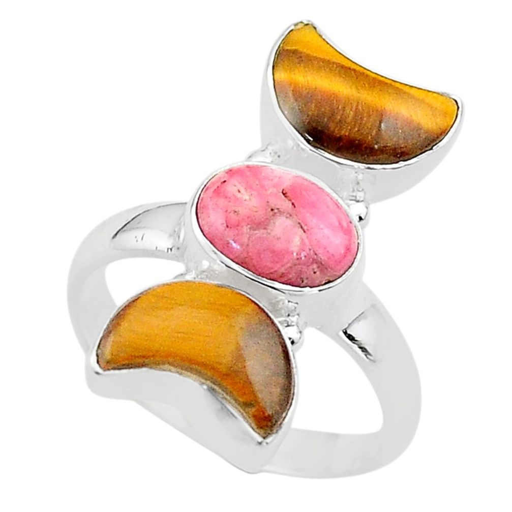 11.57cts moon pink rhodochrosite inca rose tiger eye silver ring size 7.5 t68791