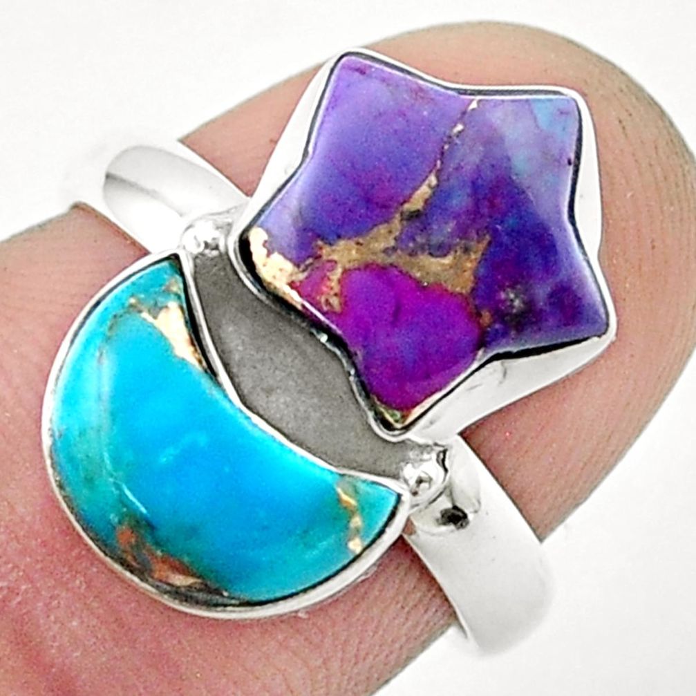 8.68cts moon purple blue copper turquoise silver star fish ring size 7 u37438