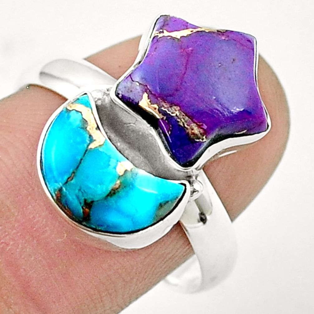 9.37cts moon purple blue copper turquoise silver star fish ring size 9 u37413