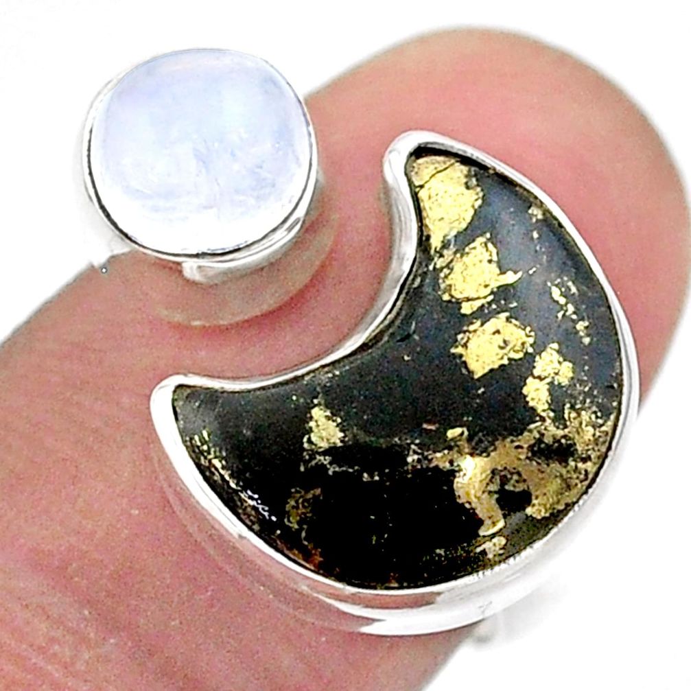 Moon pyrite in magnetite moonstone 925 silver adjustable ring size 7.5 t47507