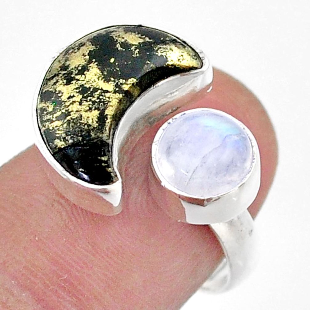 Moon pyrite in magnetite moonstone 925 silver adjustable ring size 7.5 t47513