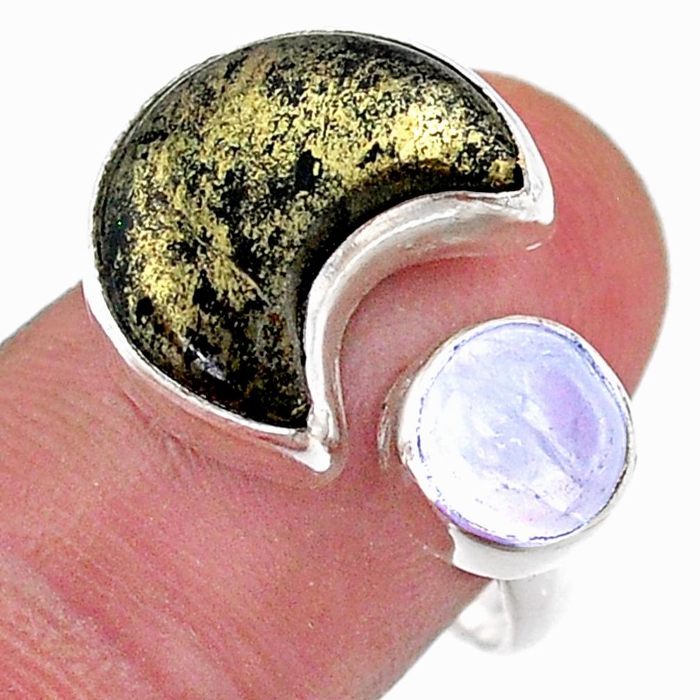 Moon pyrite in magnetite moonstone 925 silver adjustable ring size 8.5 t47556