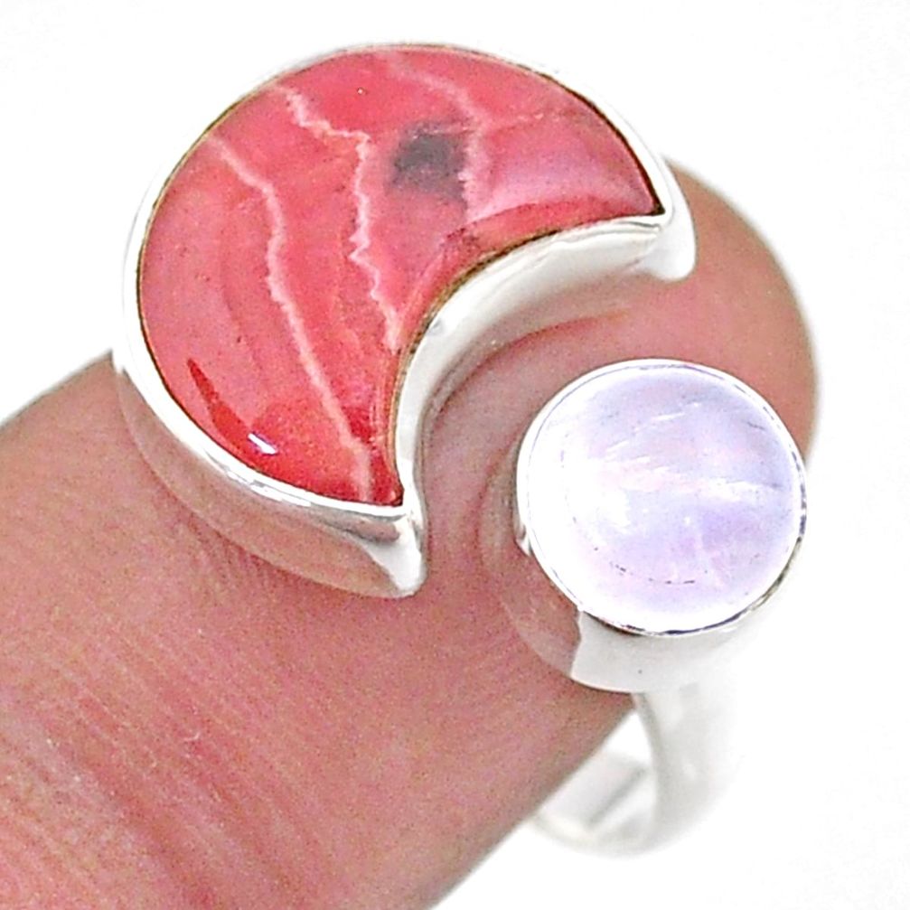 Moon rhodochrosite inca rose moonstone 925 silver adjustable ring size 9 t47517