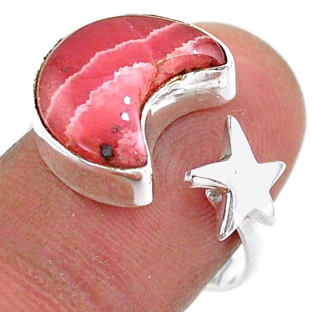 Moon star natural rhodochrosite inca rose silver adjustable ring size 8 t47609