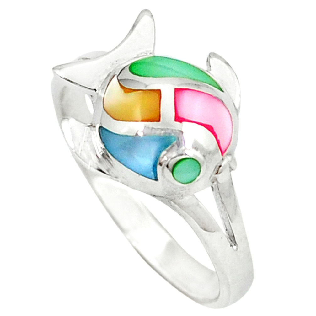 Multi color blister pearl enamel 925 silver fish ring size 6.5 c12962