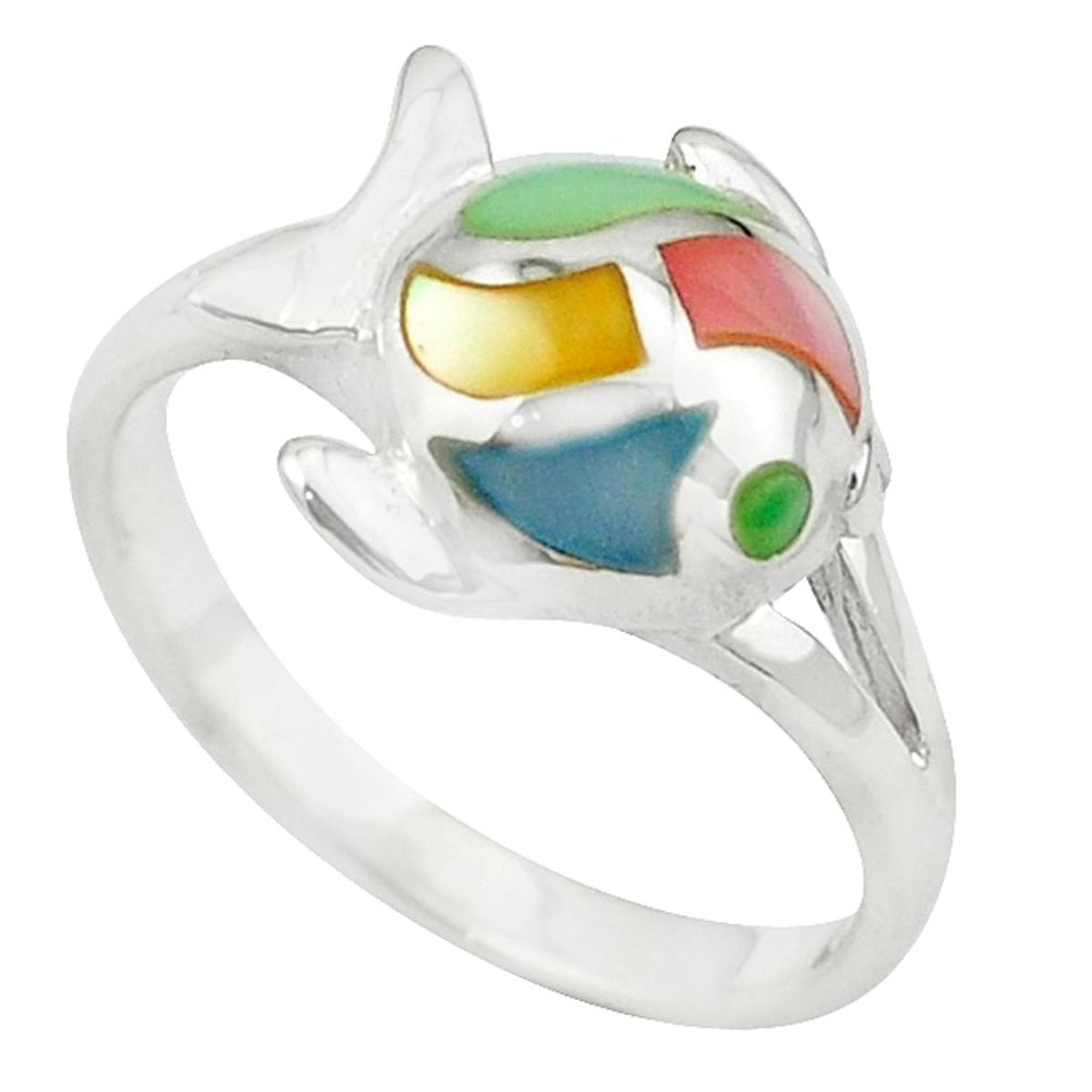 Multi color blister pearl enamel 925 silver fish ring size 6.5 c12977