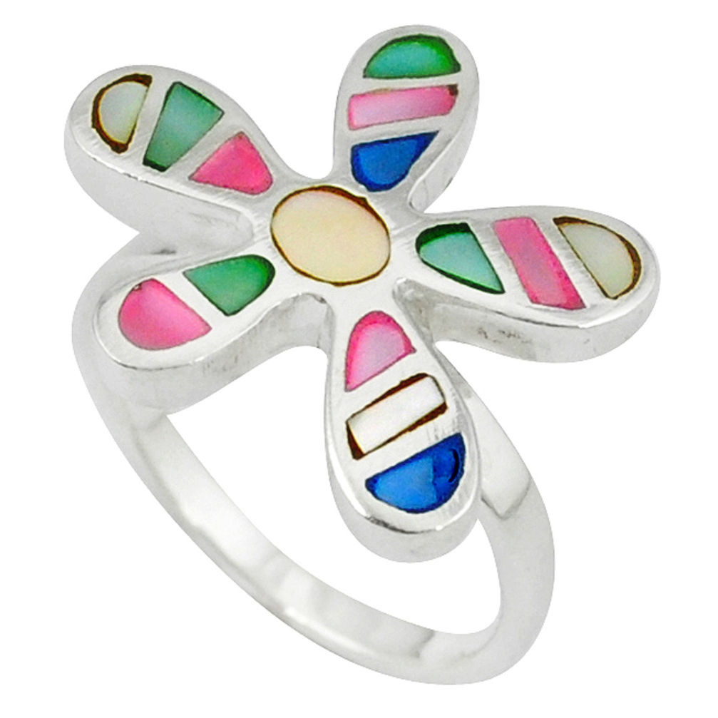 Multi color blister pearl enamel 925 silver flower ring size 8.5 a39867 c13057