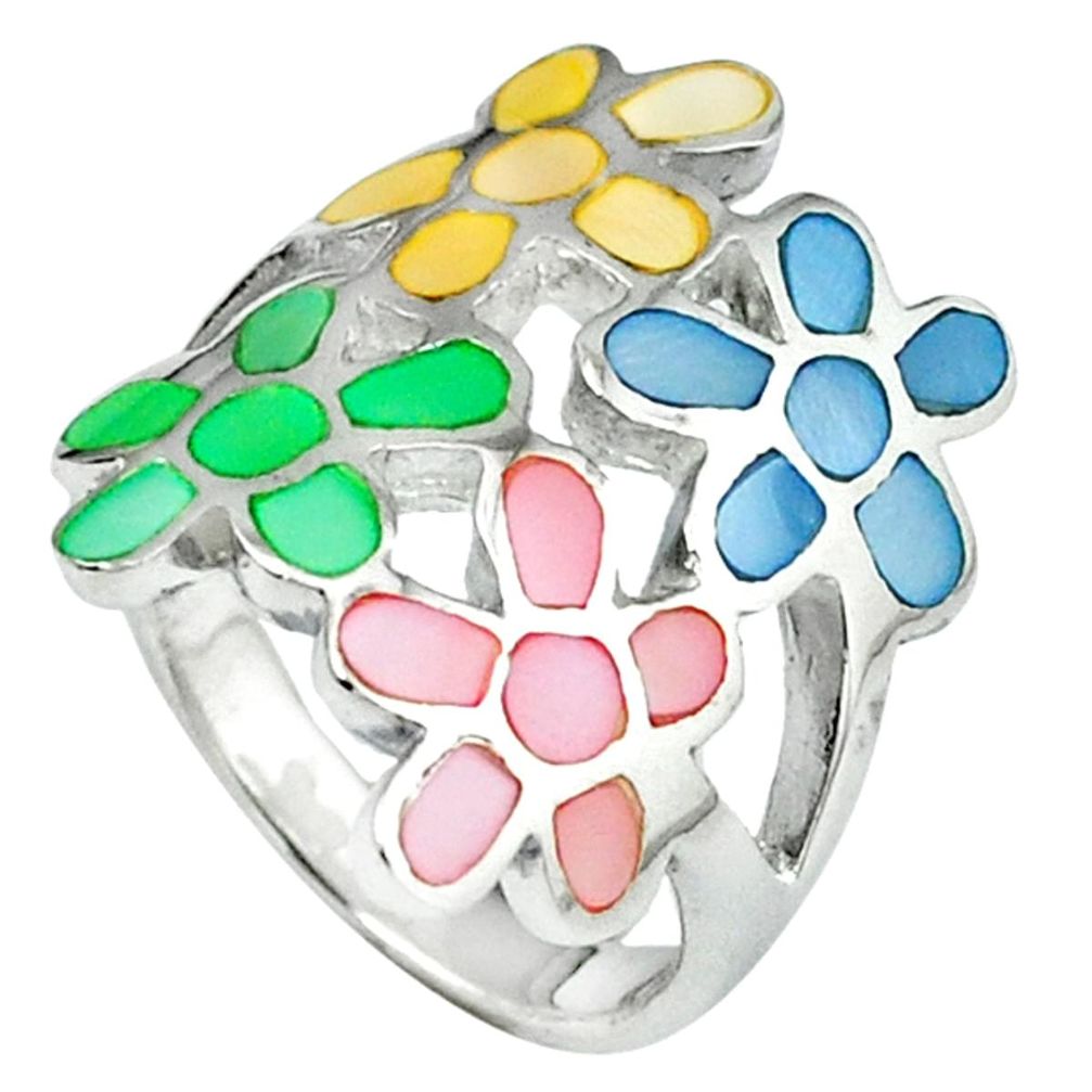 Multi color blister pearl enamel 925 silver flower ring size 5.5 c12942