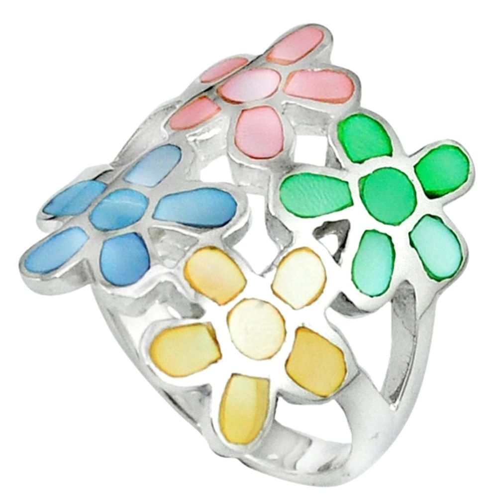 Multi color blister pearl enamel 925 silver flower ring size 6.5 c12948