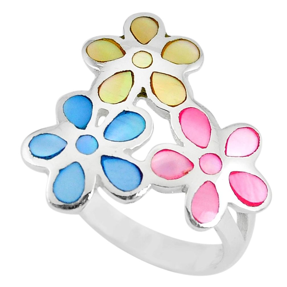 Multi color blister pearl enamel 925 silver flower ring size 7 a88796 c13044