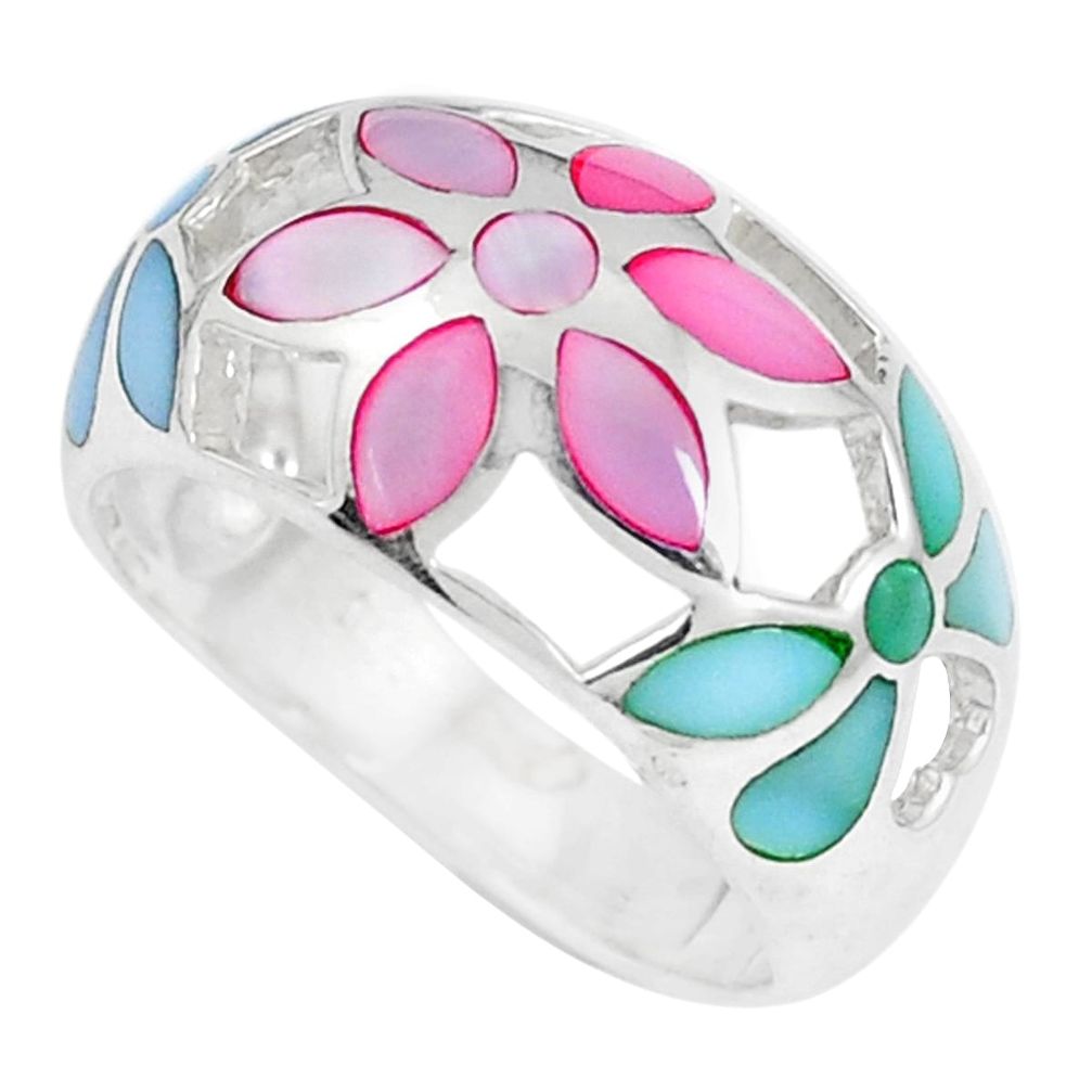 4.69gms multi color blister pearl enamel 925 silver flower ring size 7 c12996