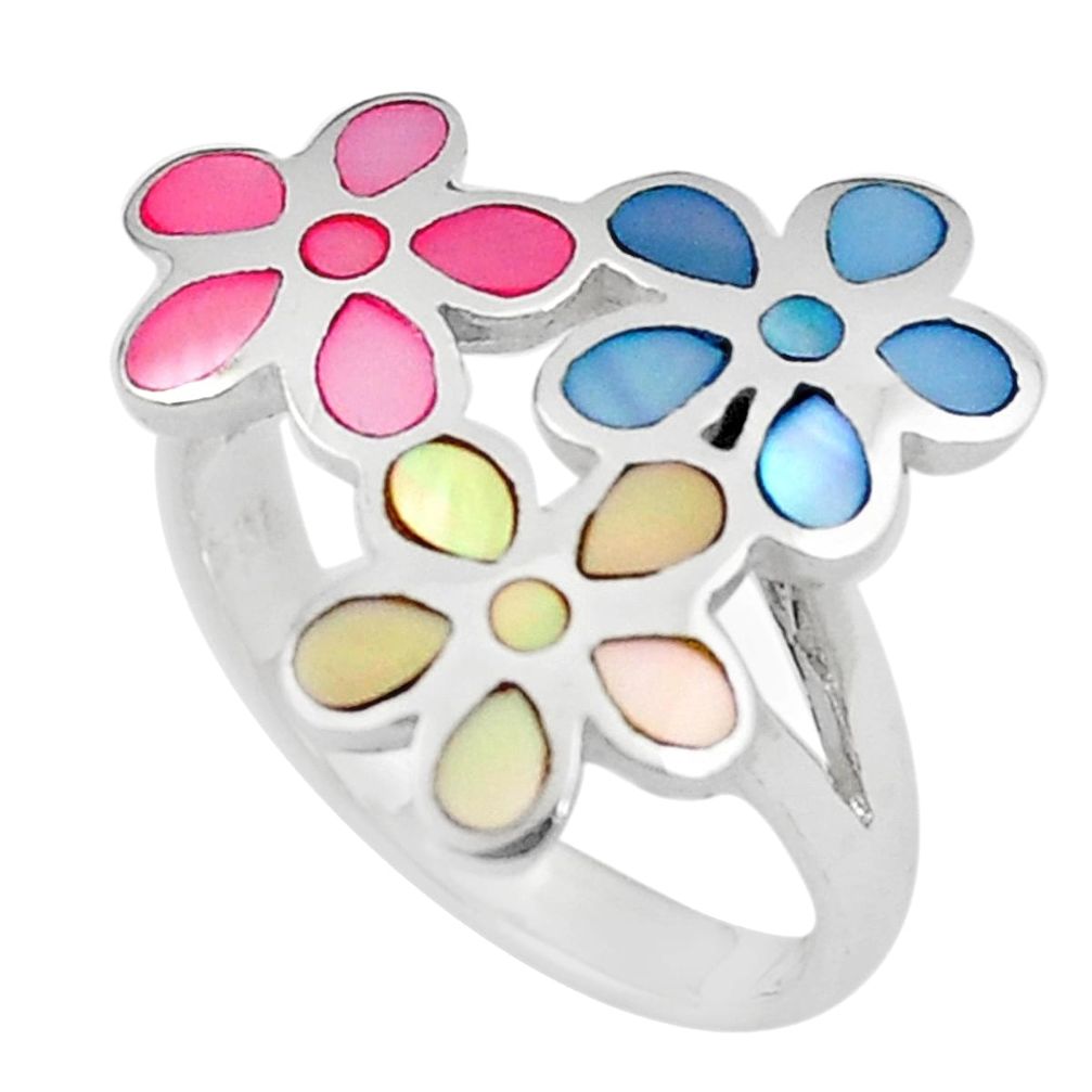 5.48gms multi color blister pearl enamel 925 silver flower ring size 8 c12620