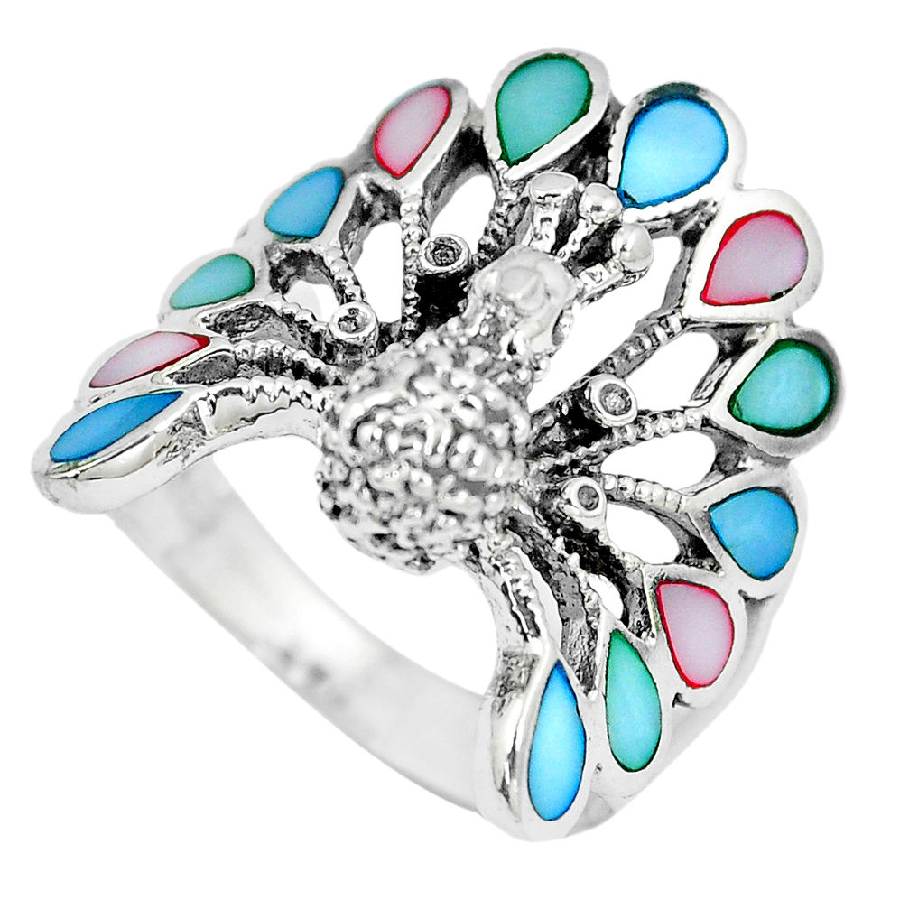 6.69gms multi color blister pearl enamel 925 silver peacock ring size 8.5 c12408