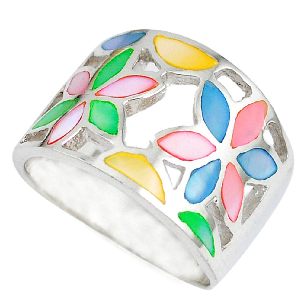 Multi color blister pearl enamel 925 sterling silver flower ring size 5.5 c12985