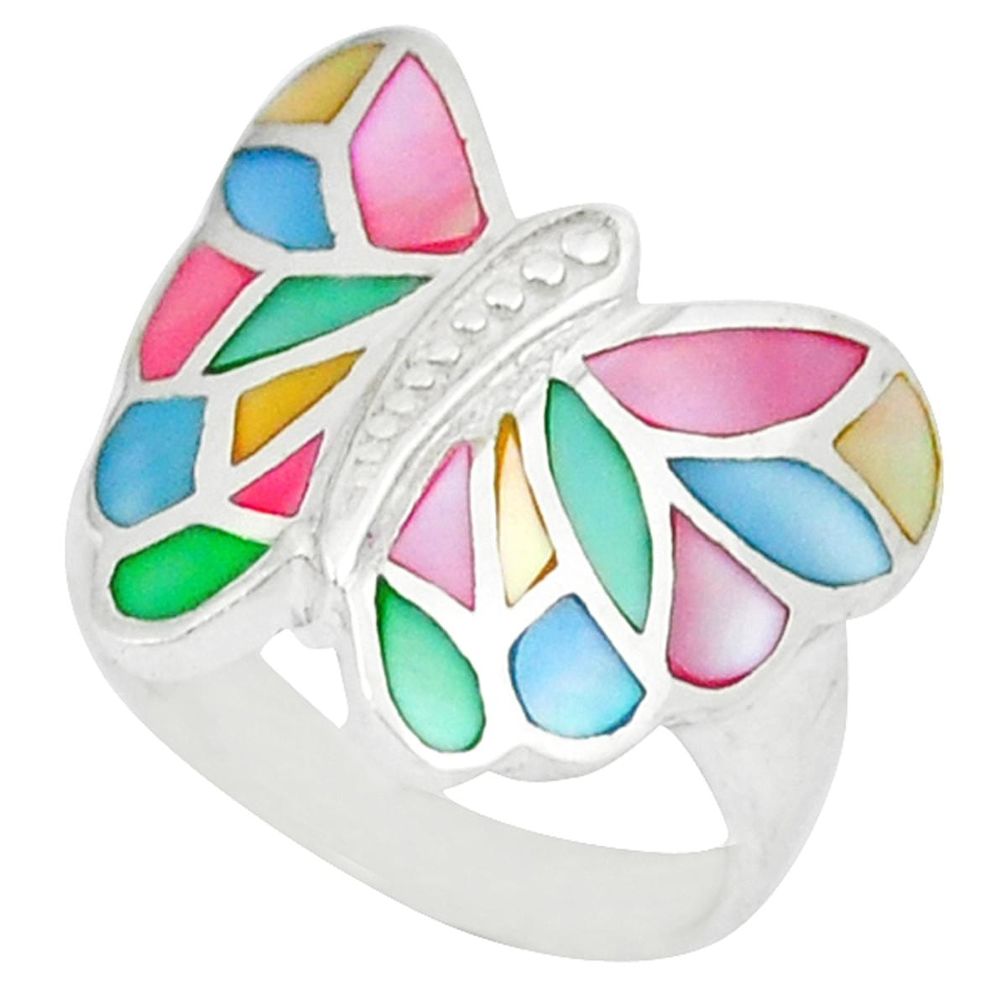 Multi color blister pearl enamel silver butterfly ring size 5.5 a46573 c13283