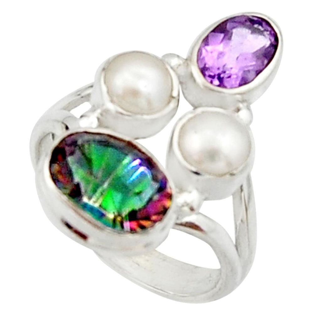 6.31cts multi color rainbow topaz amethyst pearl 925 silver ring size 5.5 r22984