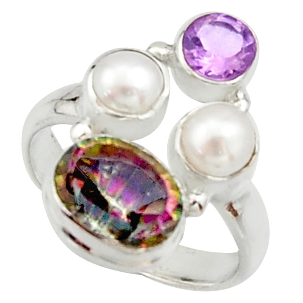 5.79cts multi color rainbow topaz amethyst pearl 925 silver ring size 6.5 r22987