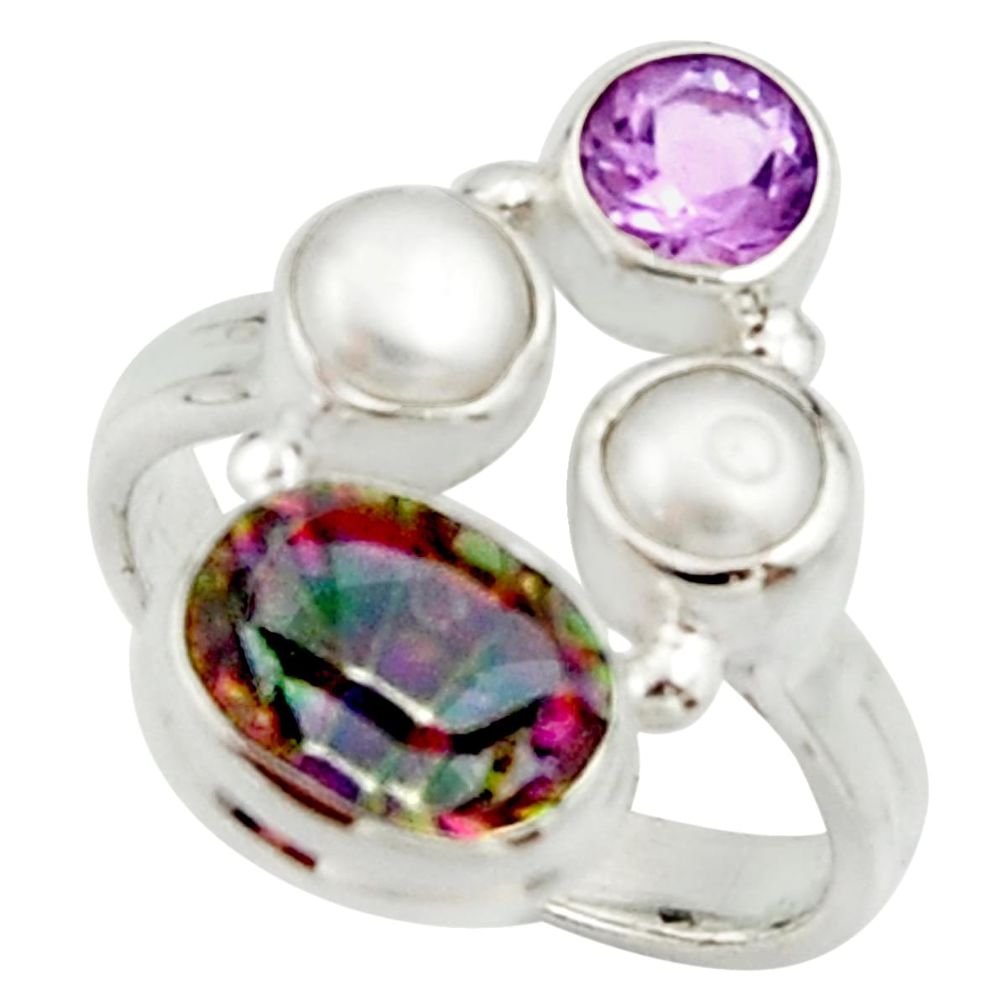 5.79cts multi color rainbow topaz amethyst pearl 925 silver ring size 6.5 r22991