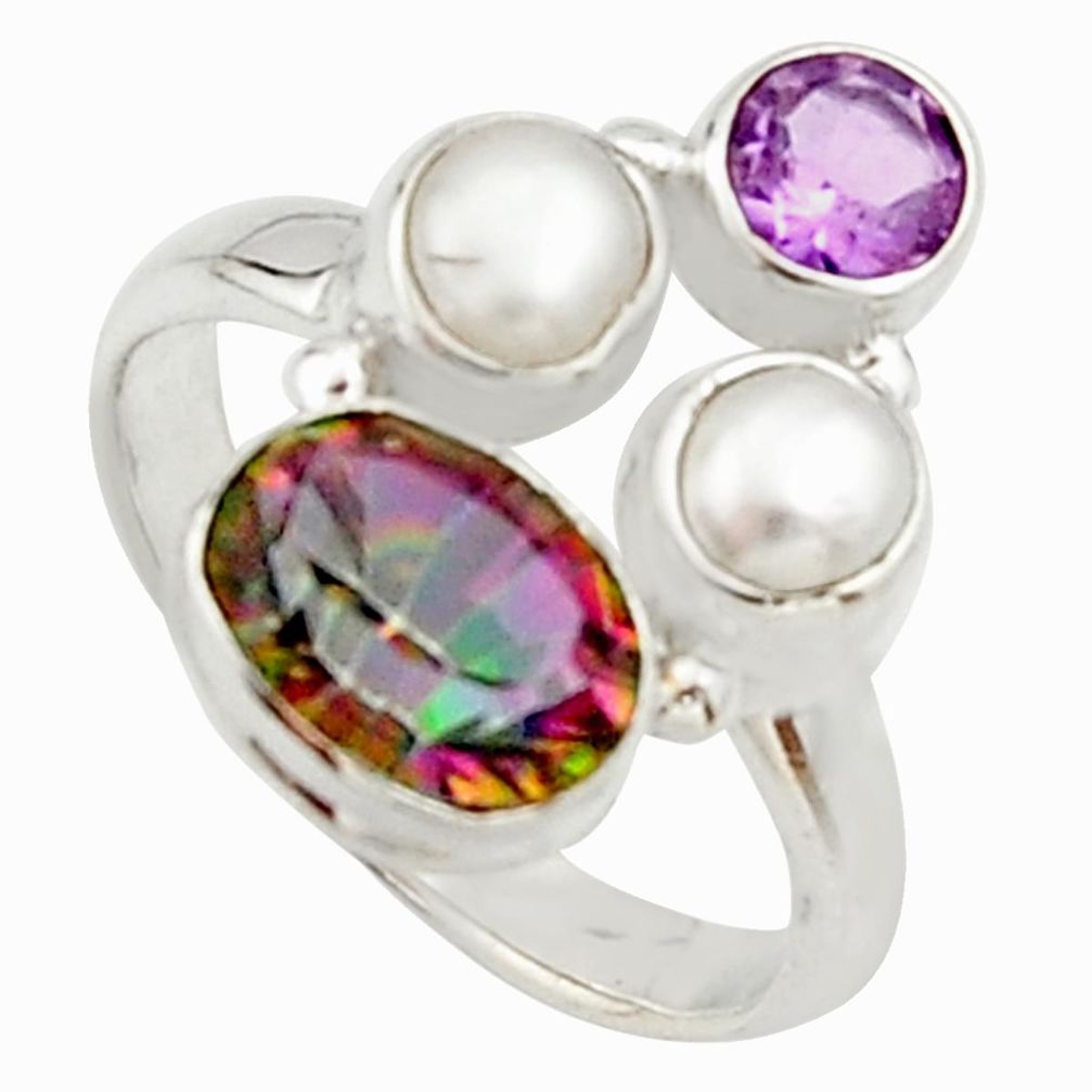 5.53cts multi color rainbow topaz amethyst pearl 925 silver ring size 7.5 r22992