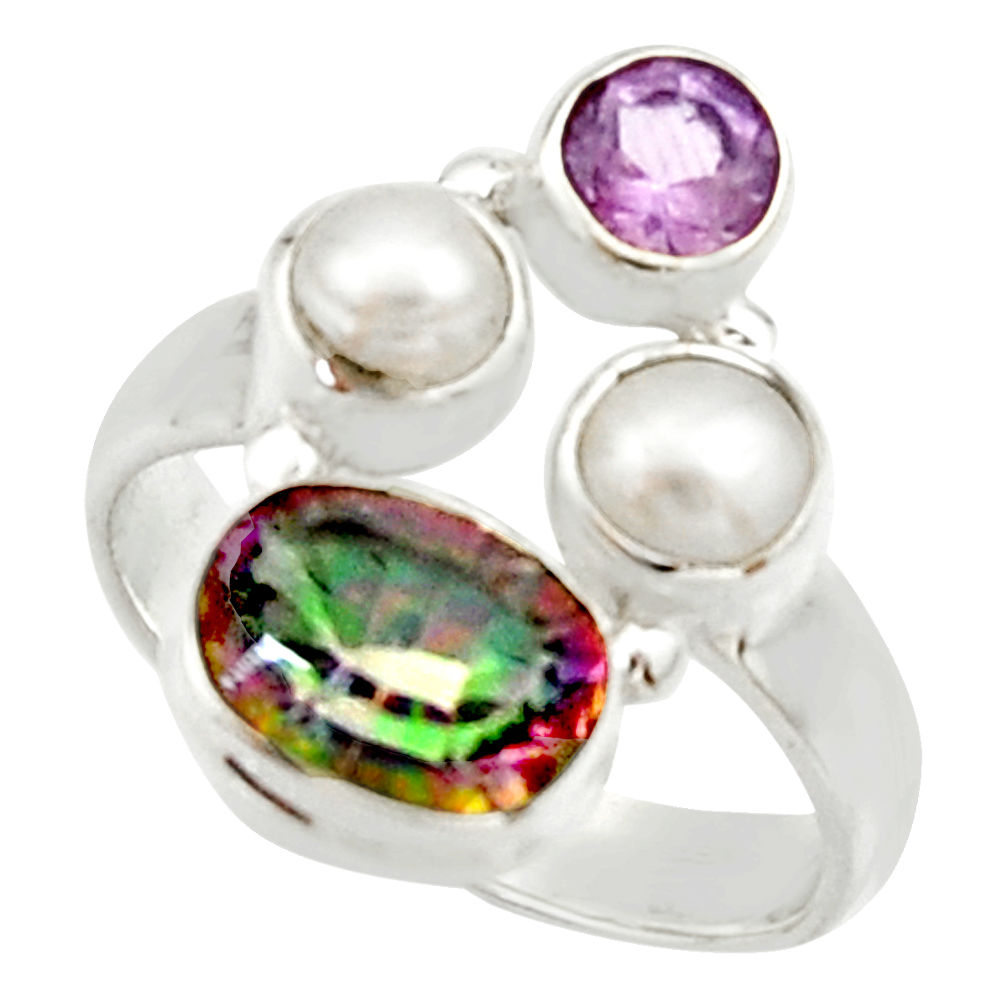 5.38cts multi color rainbow topaz amethyst pearl 925 silver ring size 7.5 r22994