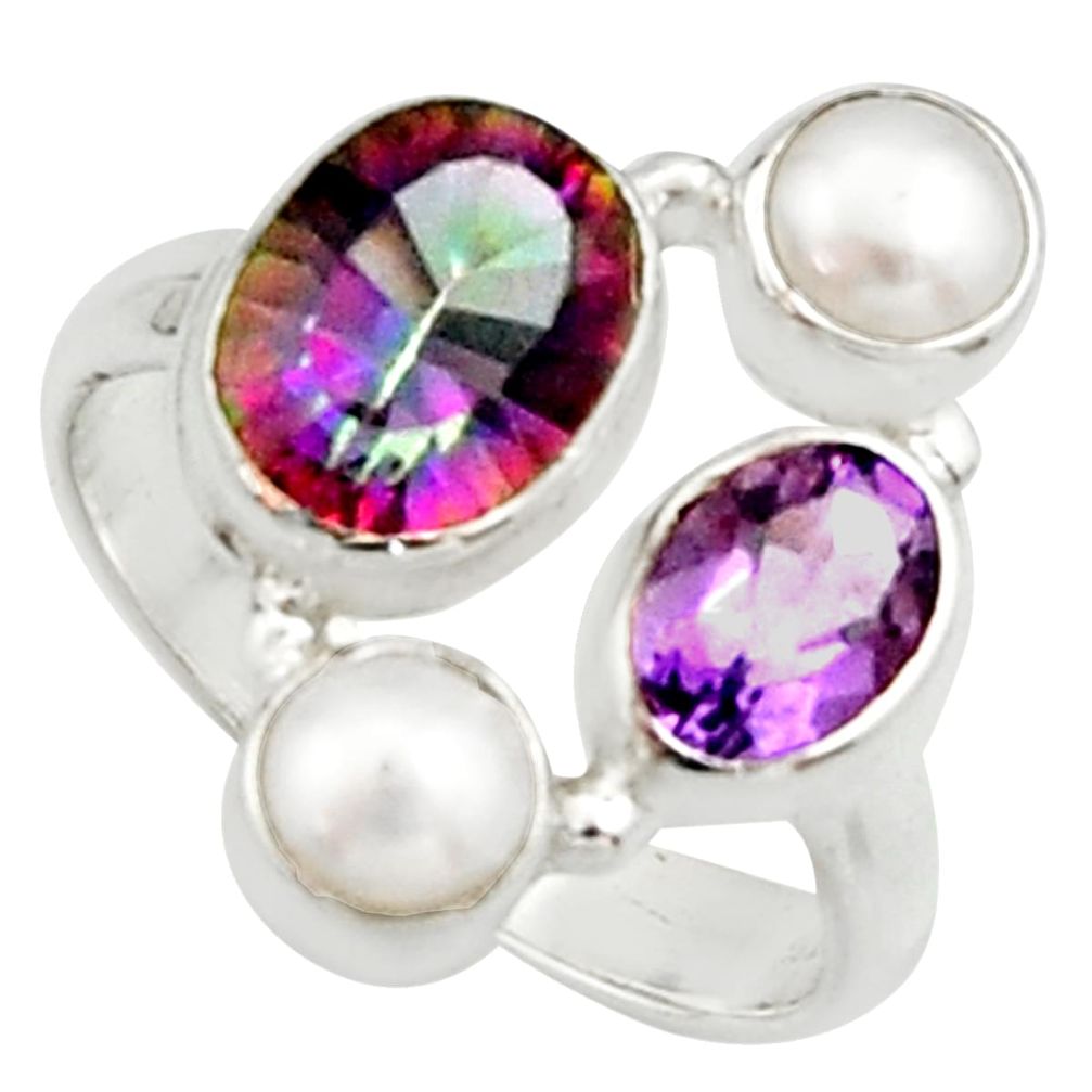 6.28cts multi color rainbow topaz amethyst pearl 925 silver ring size 6.5 r22998