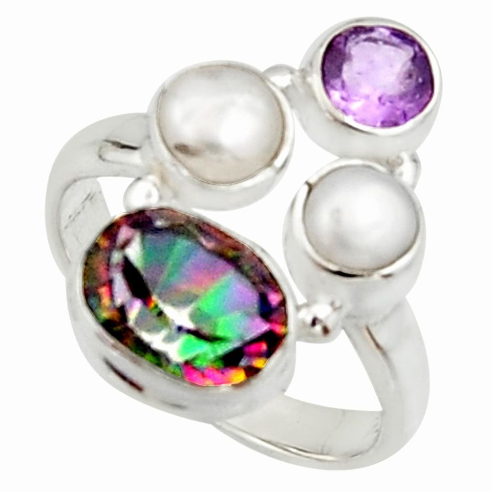 5.87cts multi color rainbow topaz amethyst pearl 925 silver ring size 7 r22981