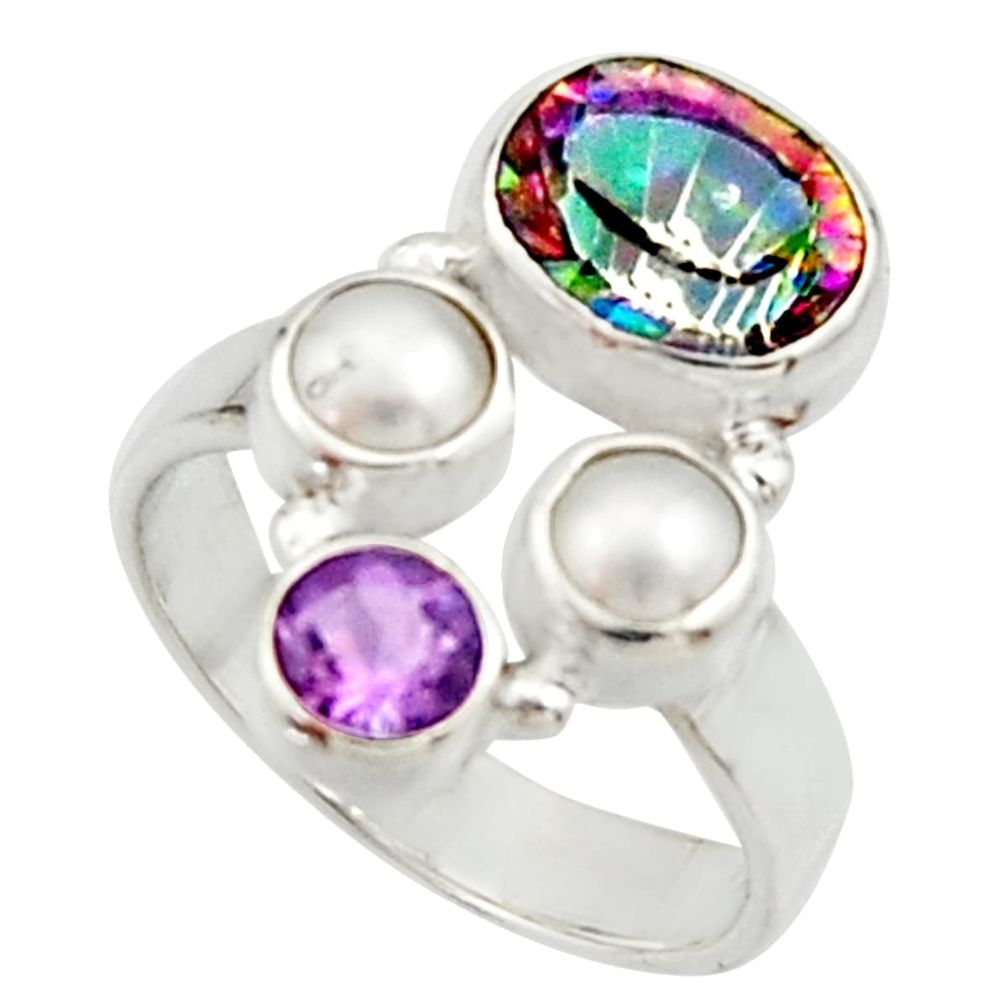 5.52cts multi color rainbow topaz amethyst pearl 925 silver ring size 7 r22982