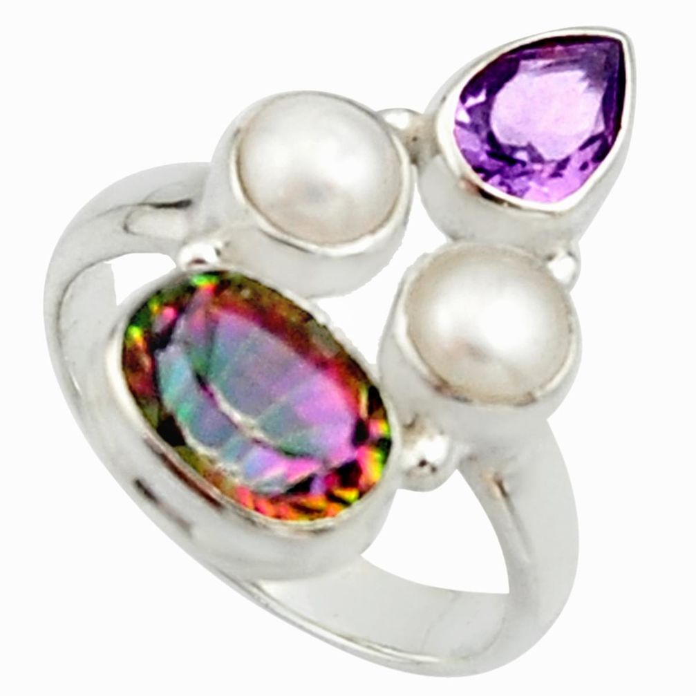 6.31cts multi color rainbow topaz amethyst pearl 925 silver ring size 7 r22989
