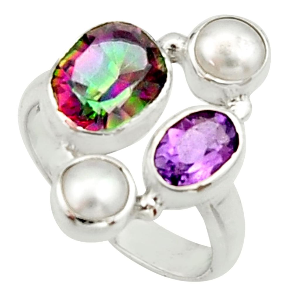 6.04cts multi color rainbow topaz amethyst pearl 925 silver ring size 7 r22995