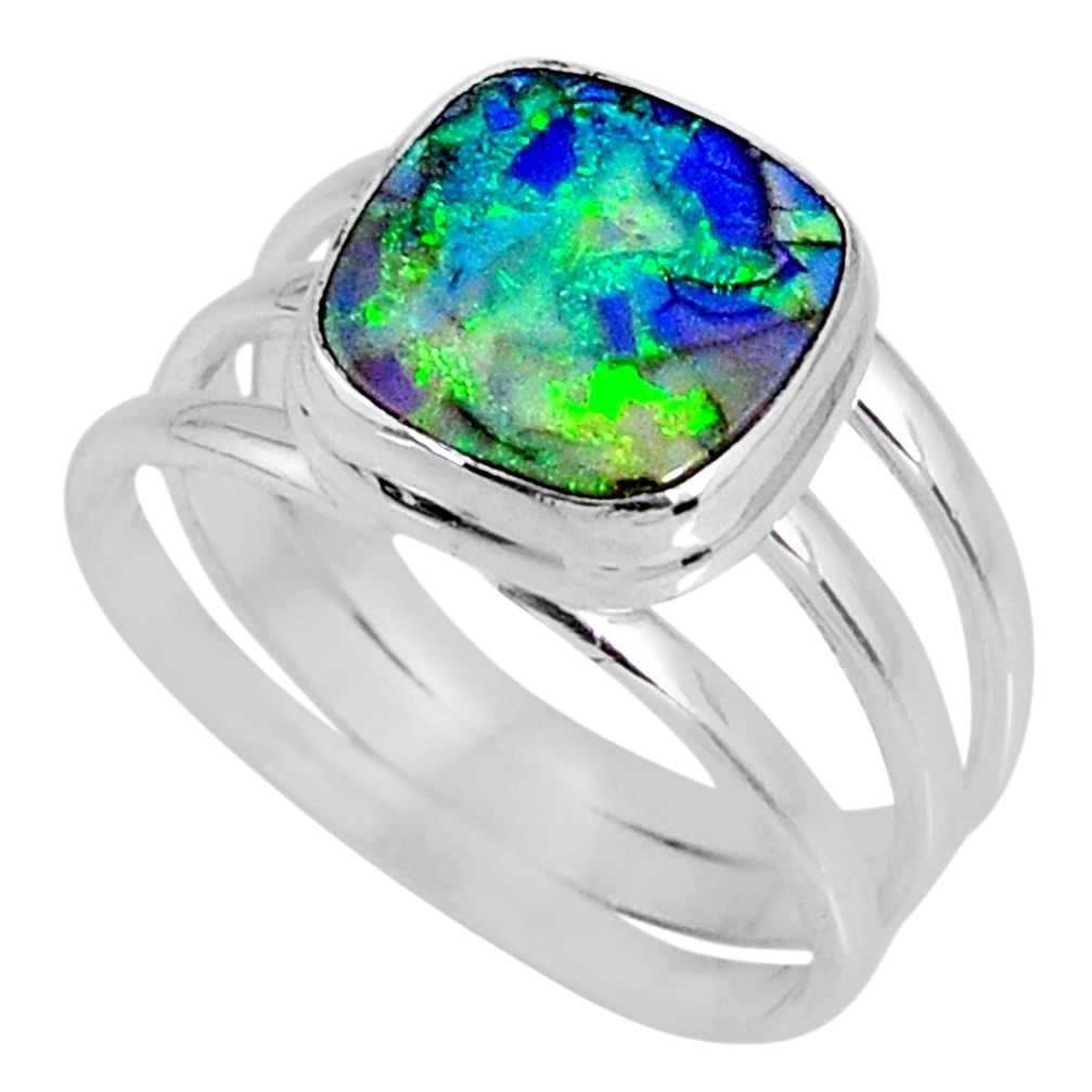 3.72cts multi color sterling opal cushion silver solitaire ring size 8.5 r62164