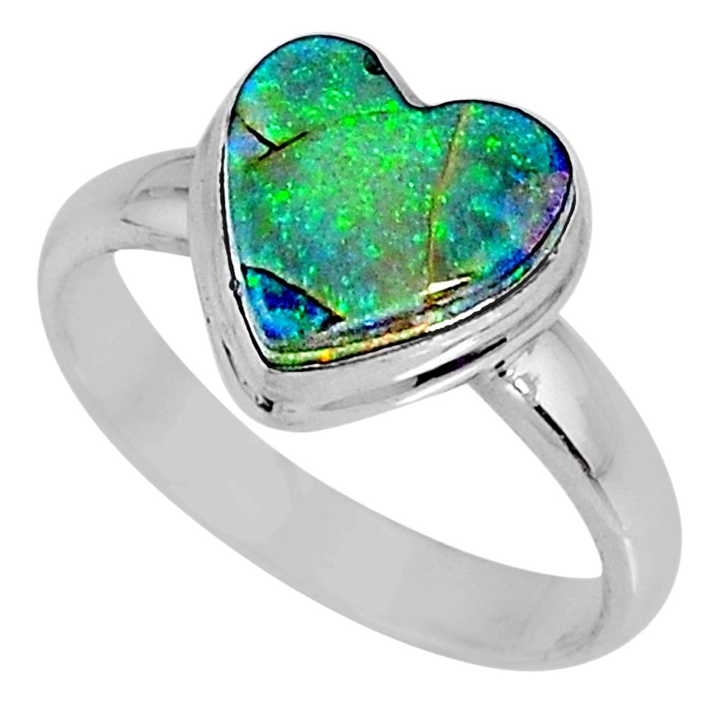 3.80cts multi color sterling opal heart silver solitaire ring size 8.5 r62145