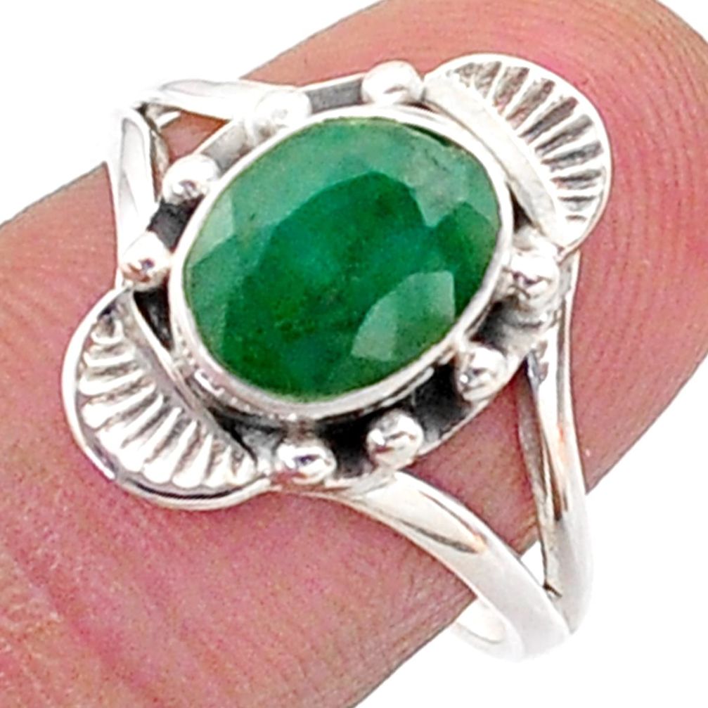 3.13cts southwestern style natural green emerald oval ring size 7.5 t62444