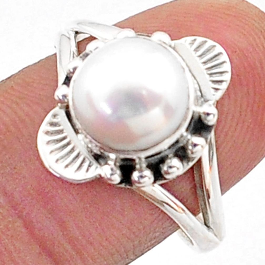 3.19cts southwestern style natural white pearl round silver ring size 8.5 t62454