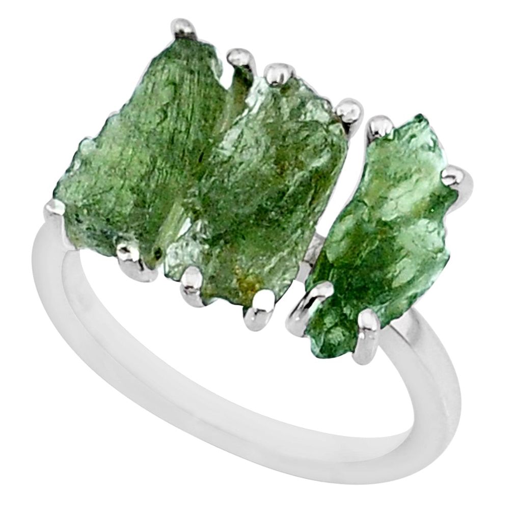 8.00cts natural 3 stone moldavite (genuine czech) 925 silver ring size 6 r71958