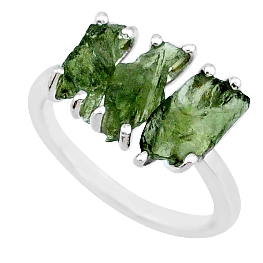 8.00cts natural 3 stone moldavite (genuine czech) 925 silver ring size 7 r71955