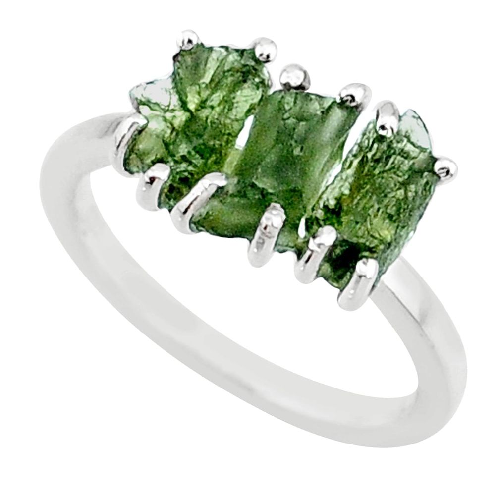 8.00cts natural 3 stone moldavite (genuine czech) 925 silver ring size 7 r71956