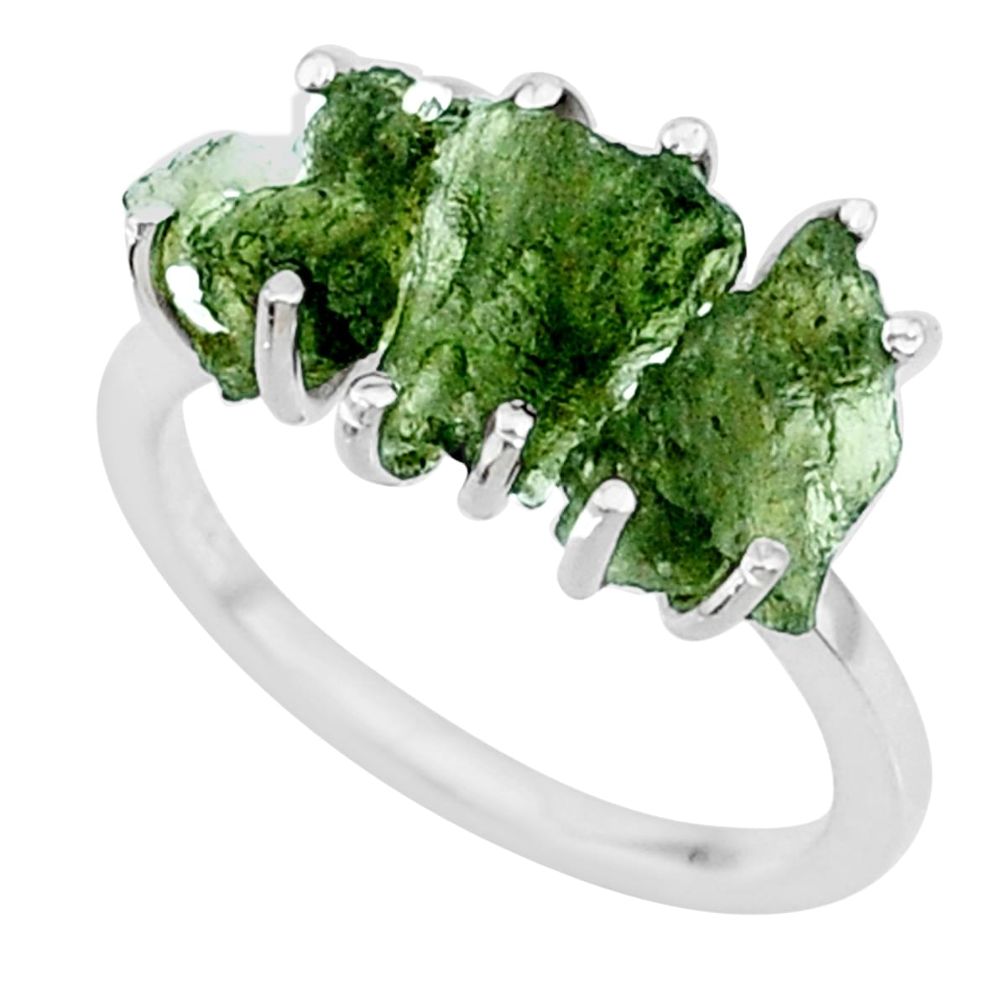 7.87cts natural 3 stone moldavite (genuine czech) 925 silver ring size 7 r71959