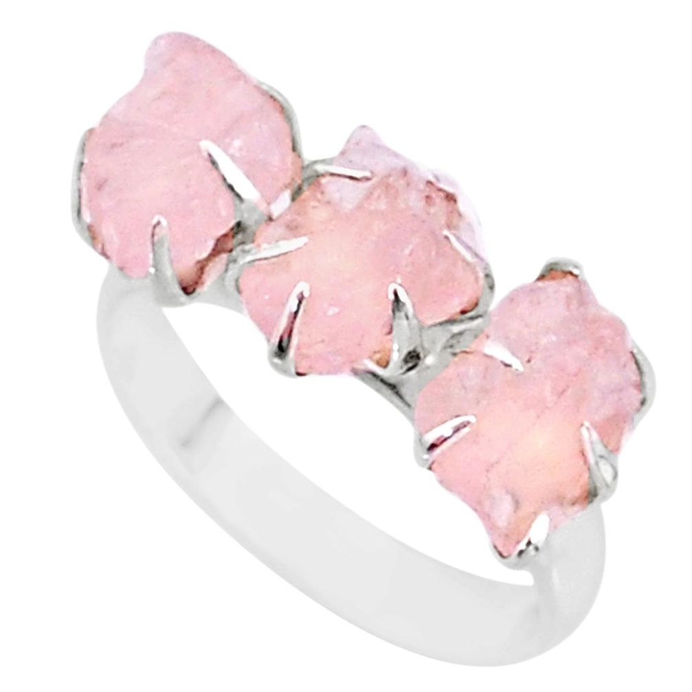 8.10cts natural 3 stone rose quartz raw 925 sterling silver ring size 8 t7157