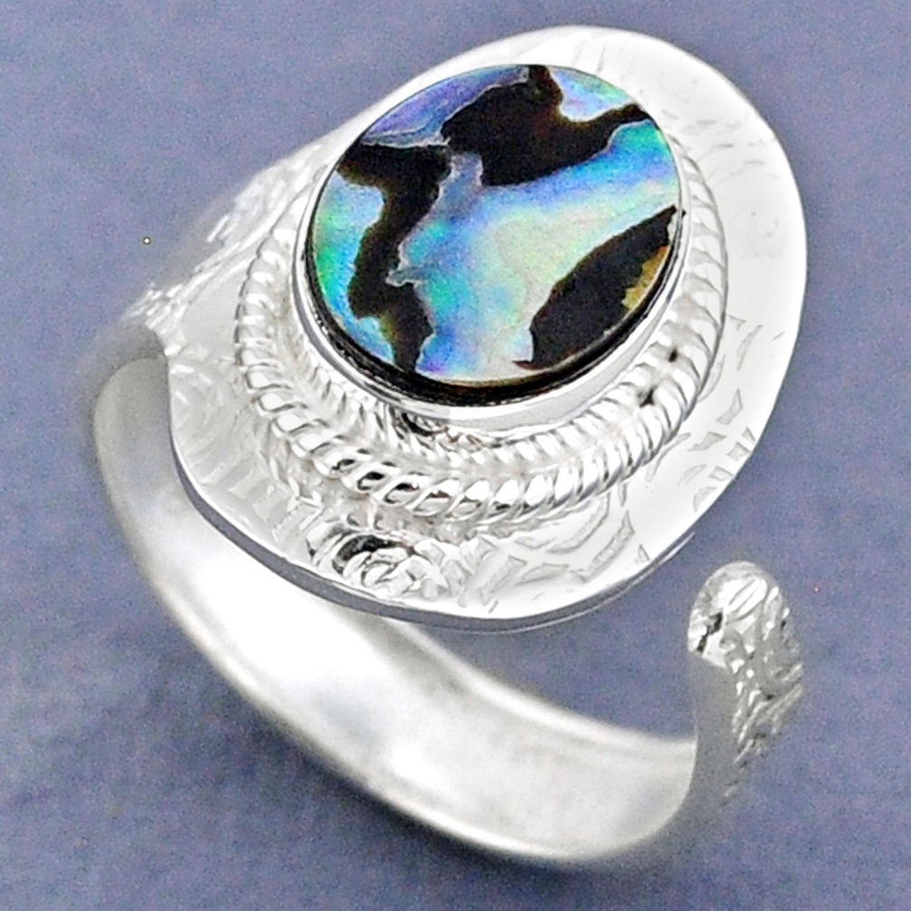 3.80cts natural abalone paua seashell 925 silver adjustable ring size 8.5 r63317