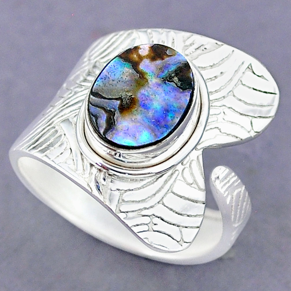 4.19cts natural abalone paua seashell 925 silver adjustable ring size 9.5 r90513