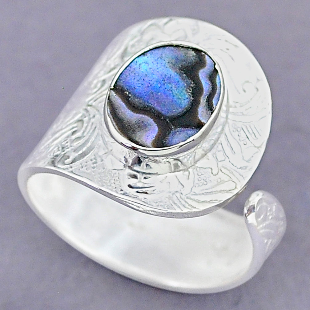 3.74cts natural abalone paua seashell 925 silver adjustable ring size 9.5 r90579
