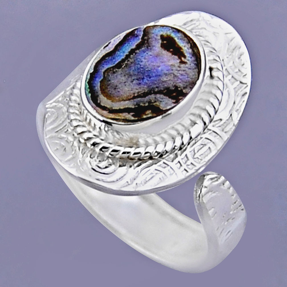 3.73cts natural abalone paua seashell 925 silver adjustable ring size 8 r54709