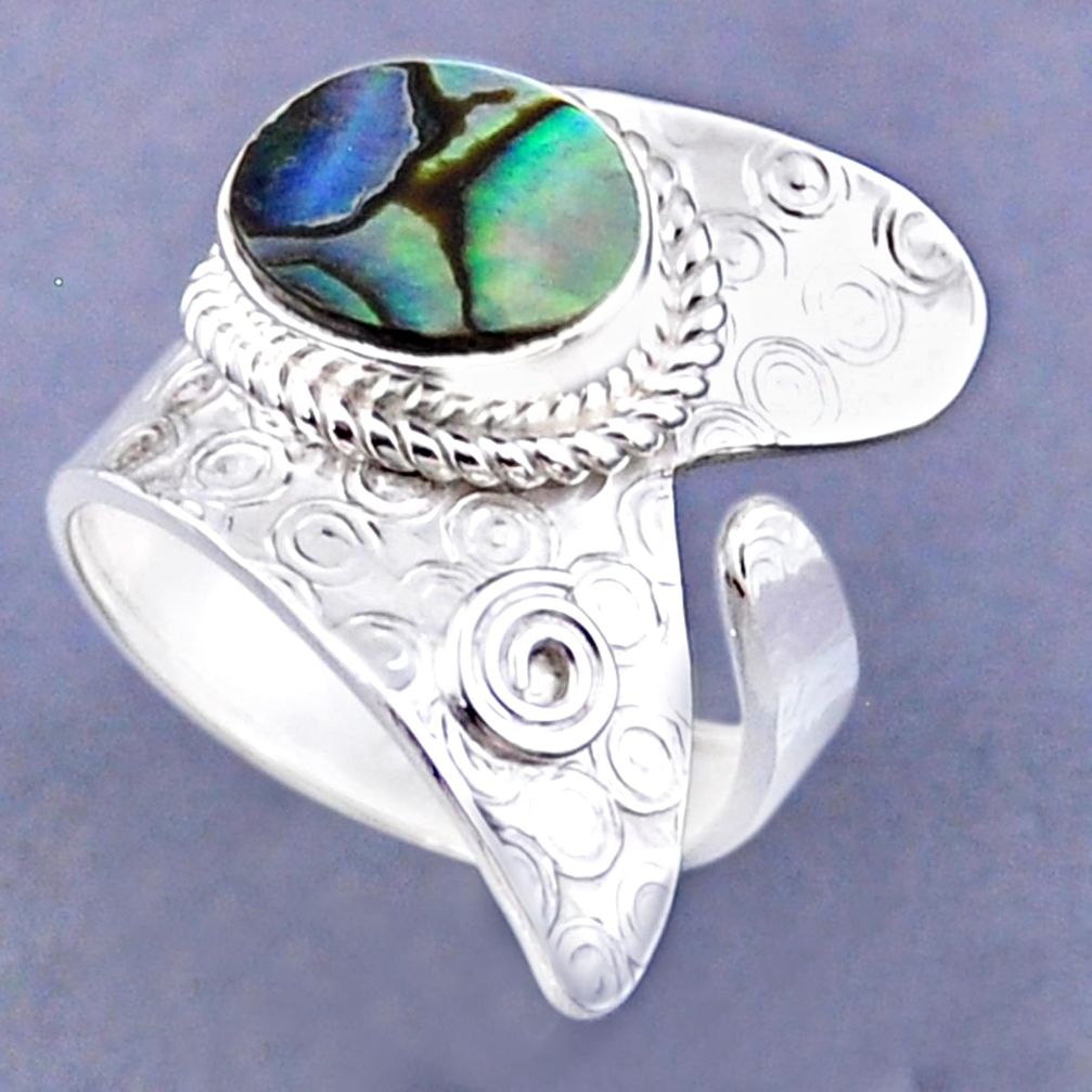 3.58cts natural abalone paua seashell 925 silver adjustable ring size 8 r54822