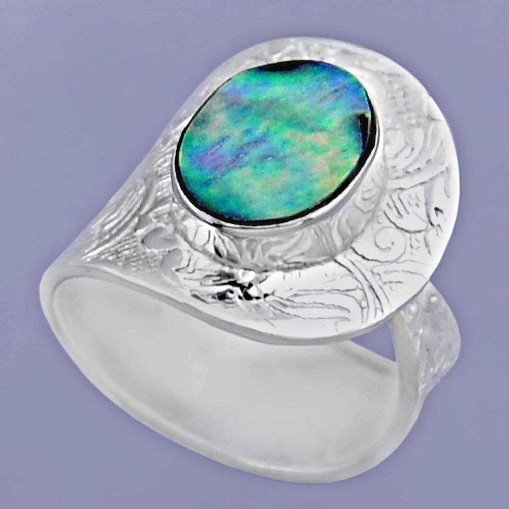 3.40cts natural abalone paua seashell 925 silver adjustable ring size 8 r54870