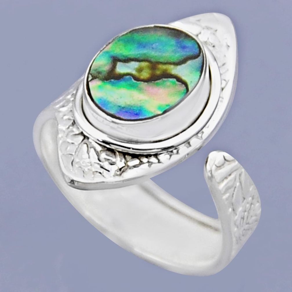 3.29cts natural abalone paua seashell 925 silver adjustable ring size 8 r54909