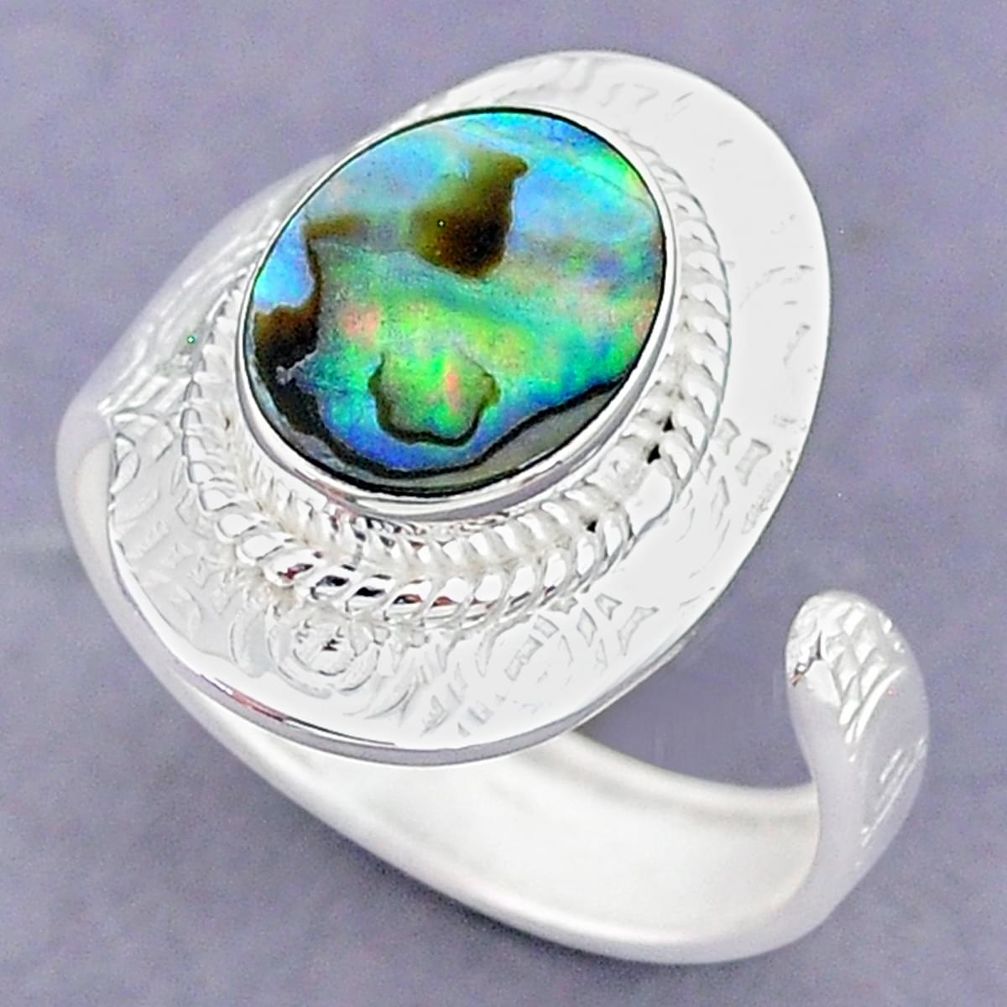 4.15cts natural abalone paua seashell 925 silver adjustable ring size 8 r90552