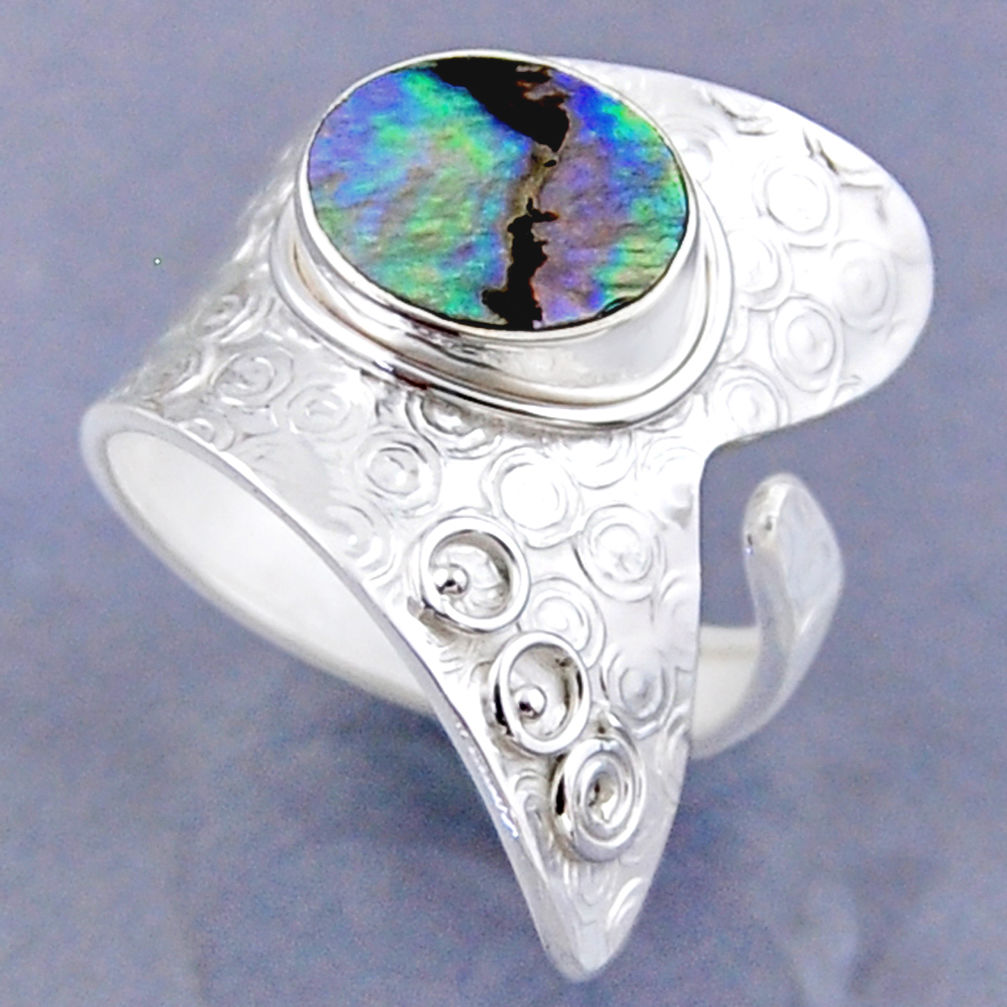 4.39cts natural abalone paua seashell 925 silver adjustable ring size 9 r54755