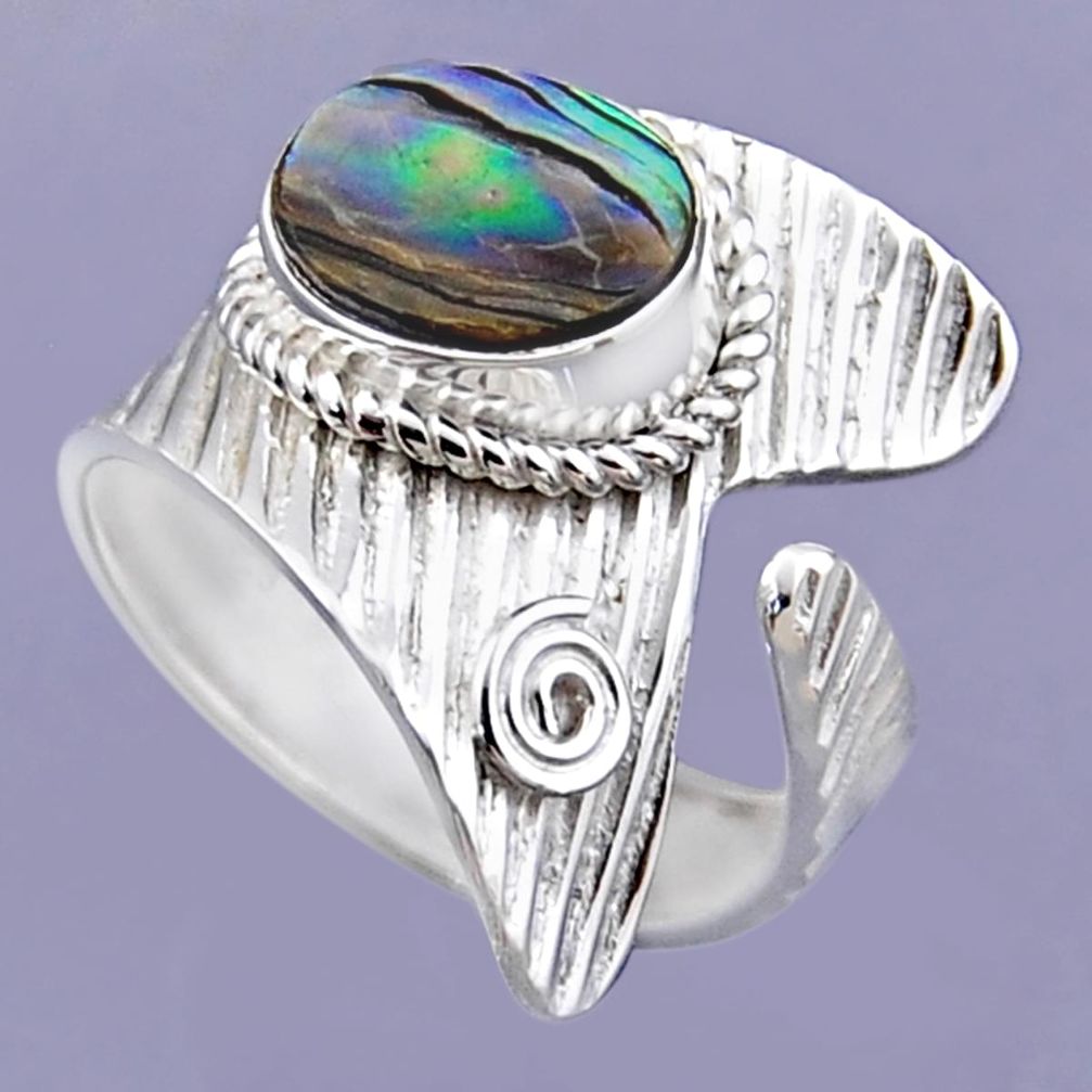 3.91cts natural abalone paua seashell 925 silver adjustable ring size 9 r54894