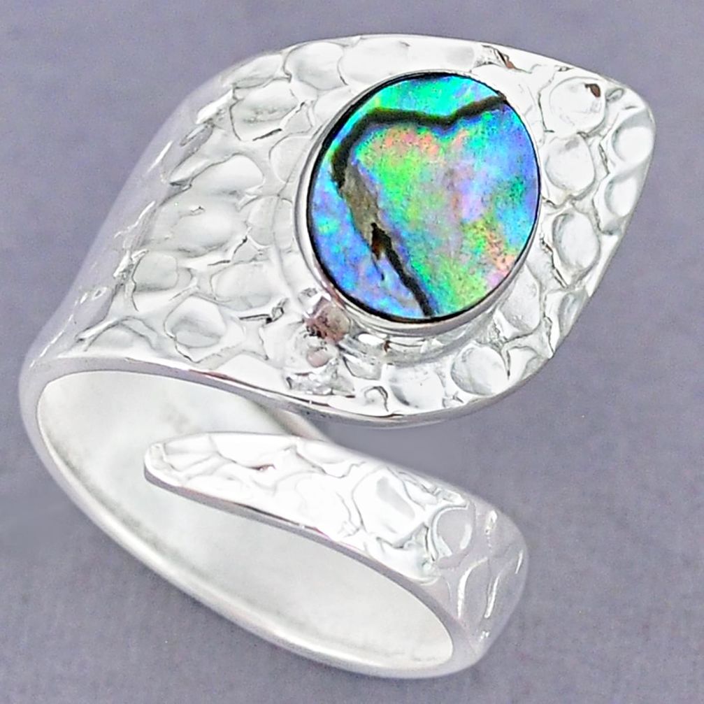 4.17cts natural abalone paua seashell 925 silver adjustable ring size 9 r90555